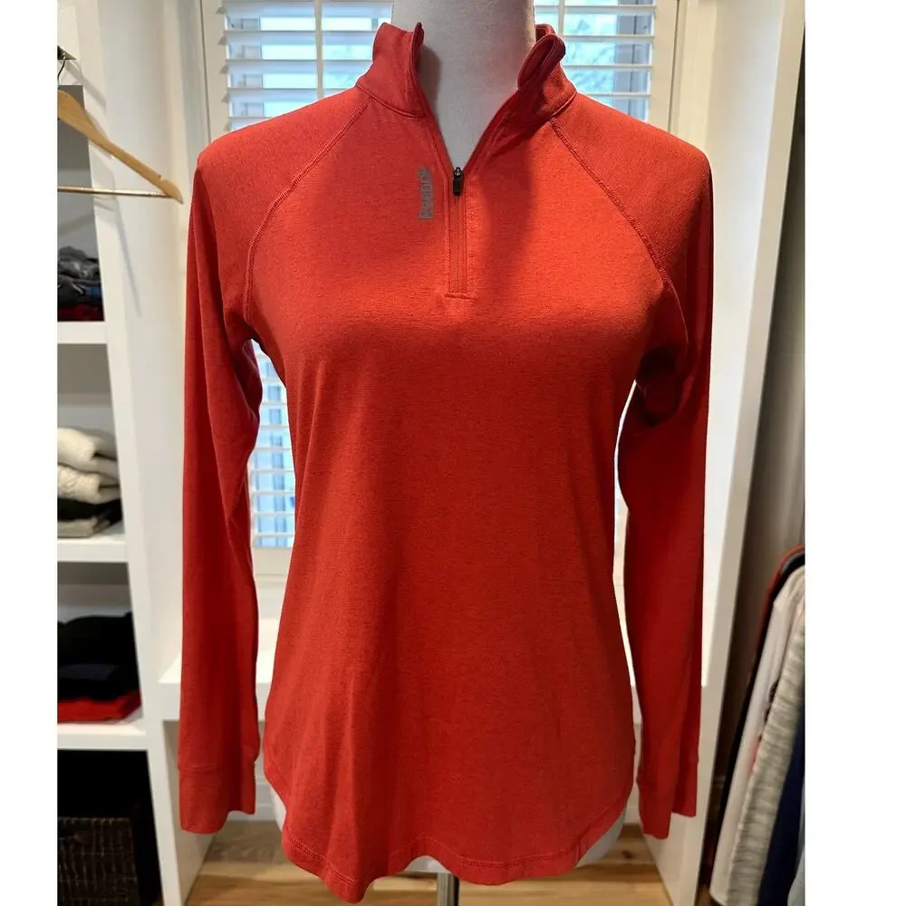 Reebok Women's Orange Performance Heather Quarter Zip Long Sleeve Shirt S